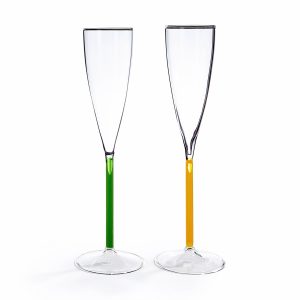 Color Accent Champagne Glasses Set - Green/ Yellow