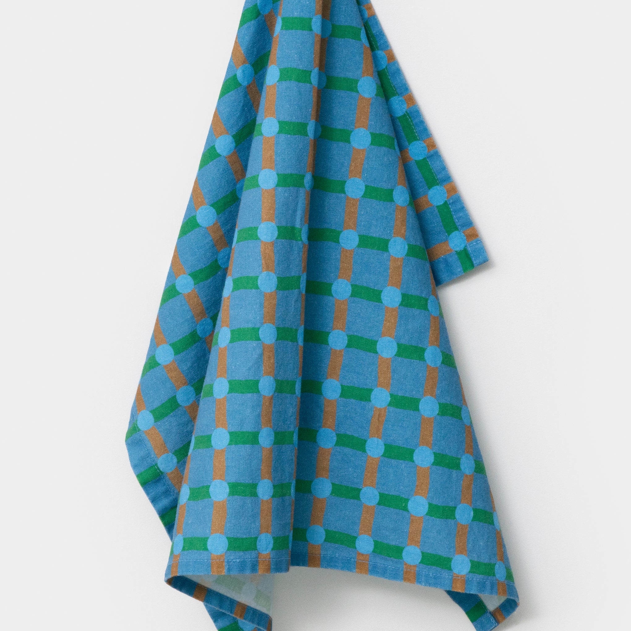 Dot Check Linen & Cotton Tea Towel - Blue/ Green - Image 3