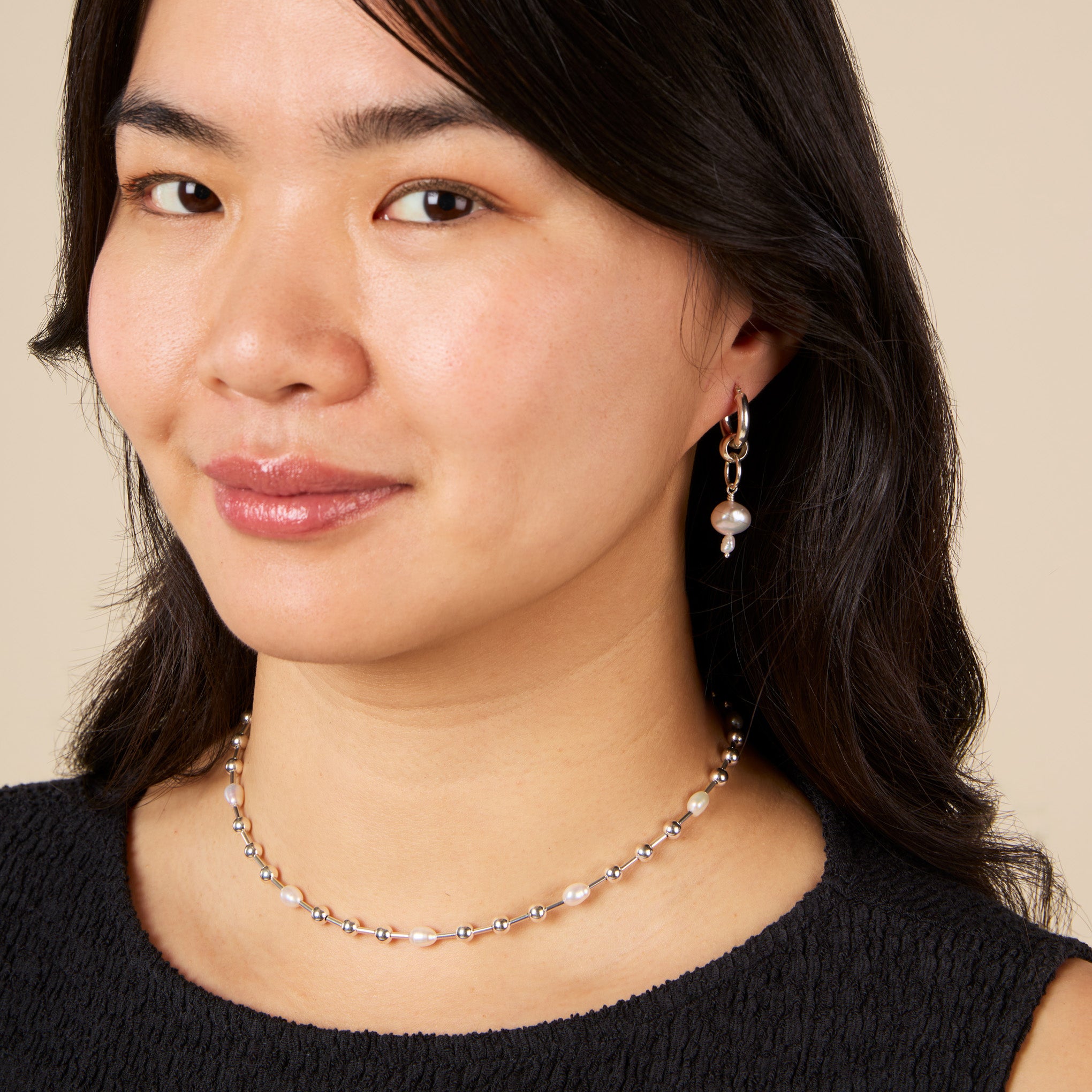 Yam Pearl Drop Hoop Earrings - Silver/ Pearl - Image 2