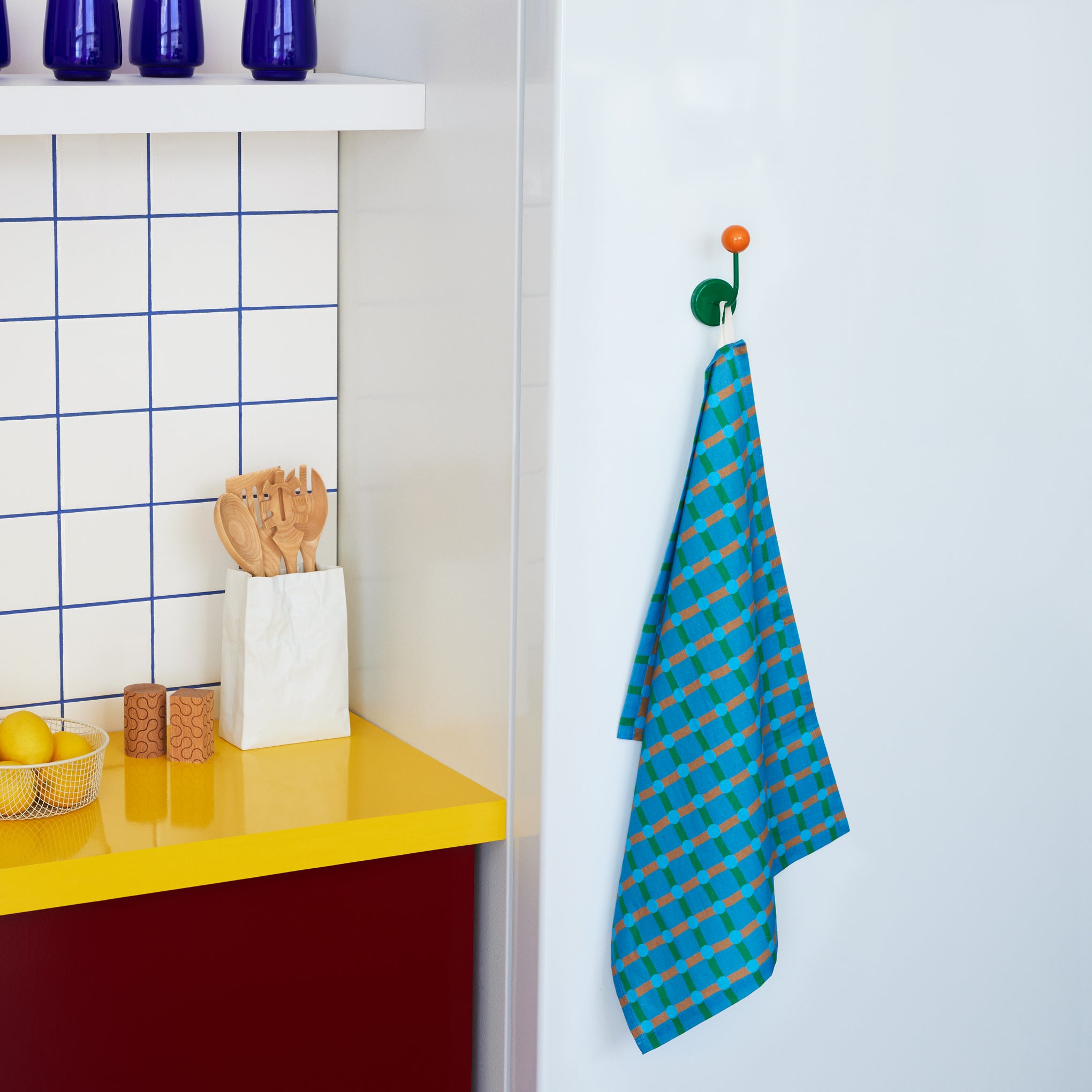 Dot Check Linen & Cotton Tea Towel - Blue/ Green - Image 2