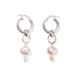 Yam Pearl Drop Hoop Earrings - Silver/ Pearl