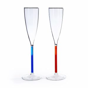 Color Accent Champagne Glasses Set - Blue/ Red Orange